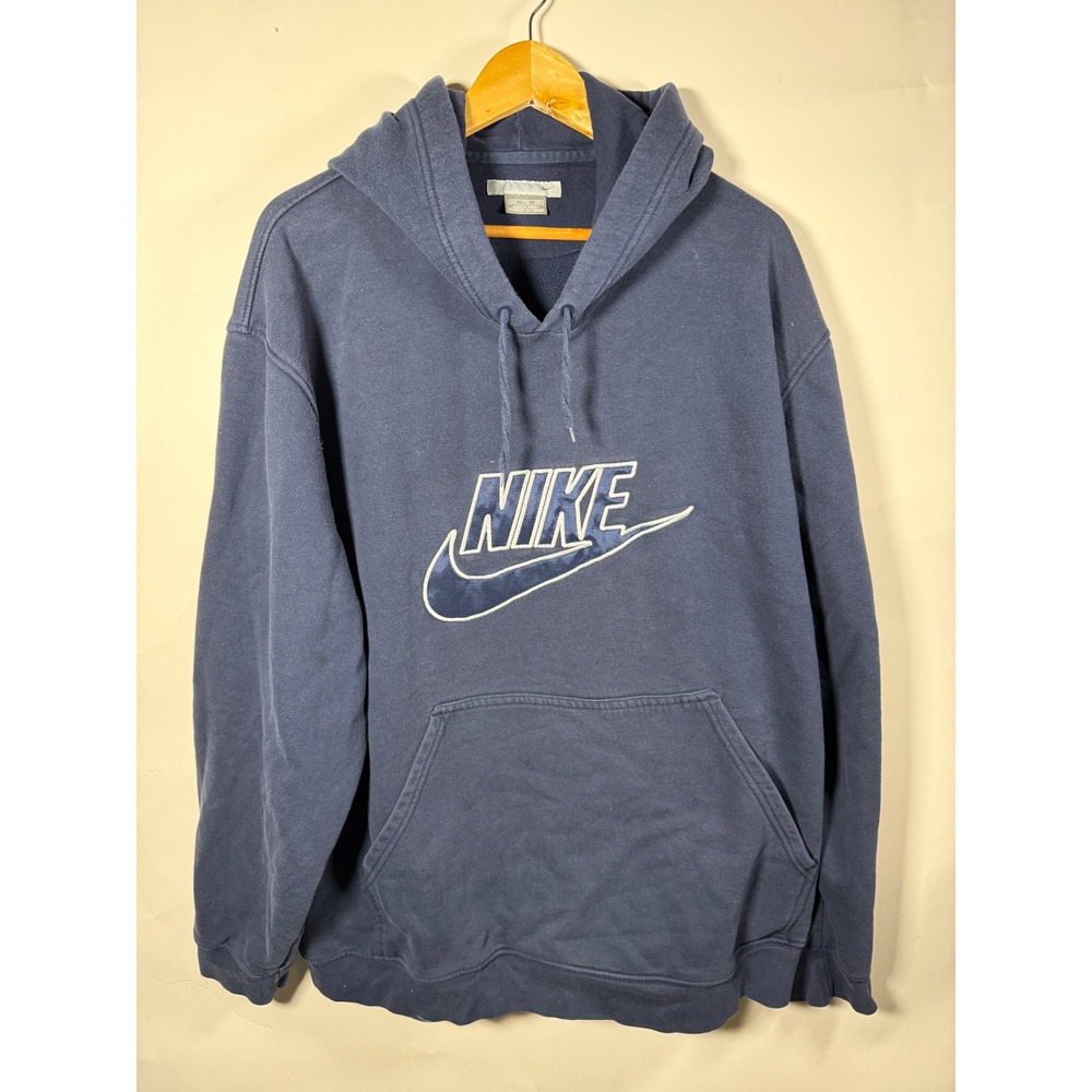 Nike Spellout Logo Hoodie Mens XXL Navy Blue Embroidered‎ Swoosh Fleece Pullover